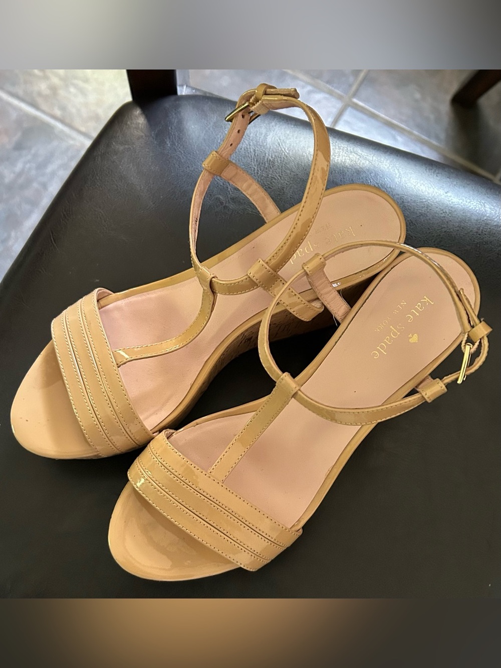 New kate spade Nude Patent Leather T-Strap Wedge Sandals